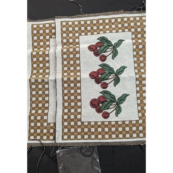 Vintage Cherry Pattern Checkerboard Woven Tapestry fabric panel set of 2 - Picture 2 of 6